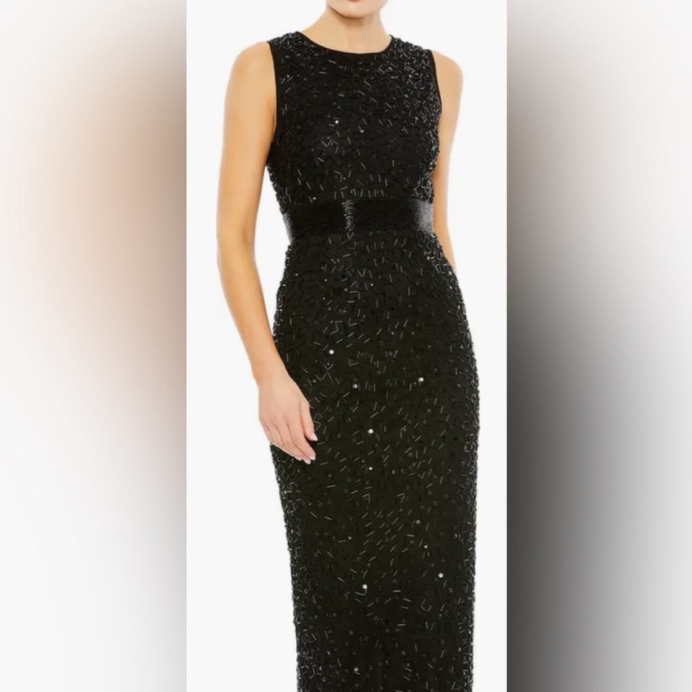 Mac Duggal Black Sequin Sheath Midi Dress